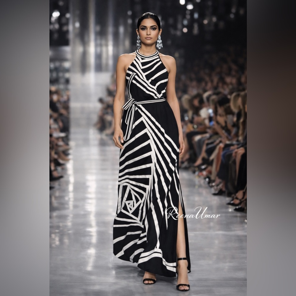 NWT BCBGMaxAzria “Karsen” Black & White Geometric Halter Maxi Dress – Size XXS